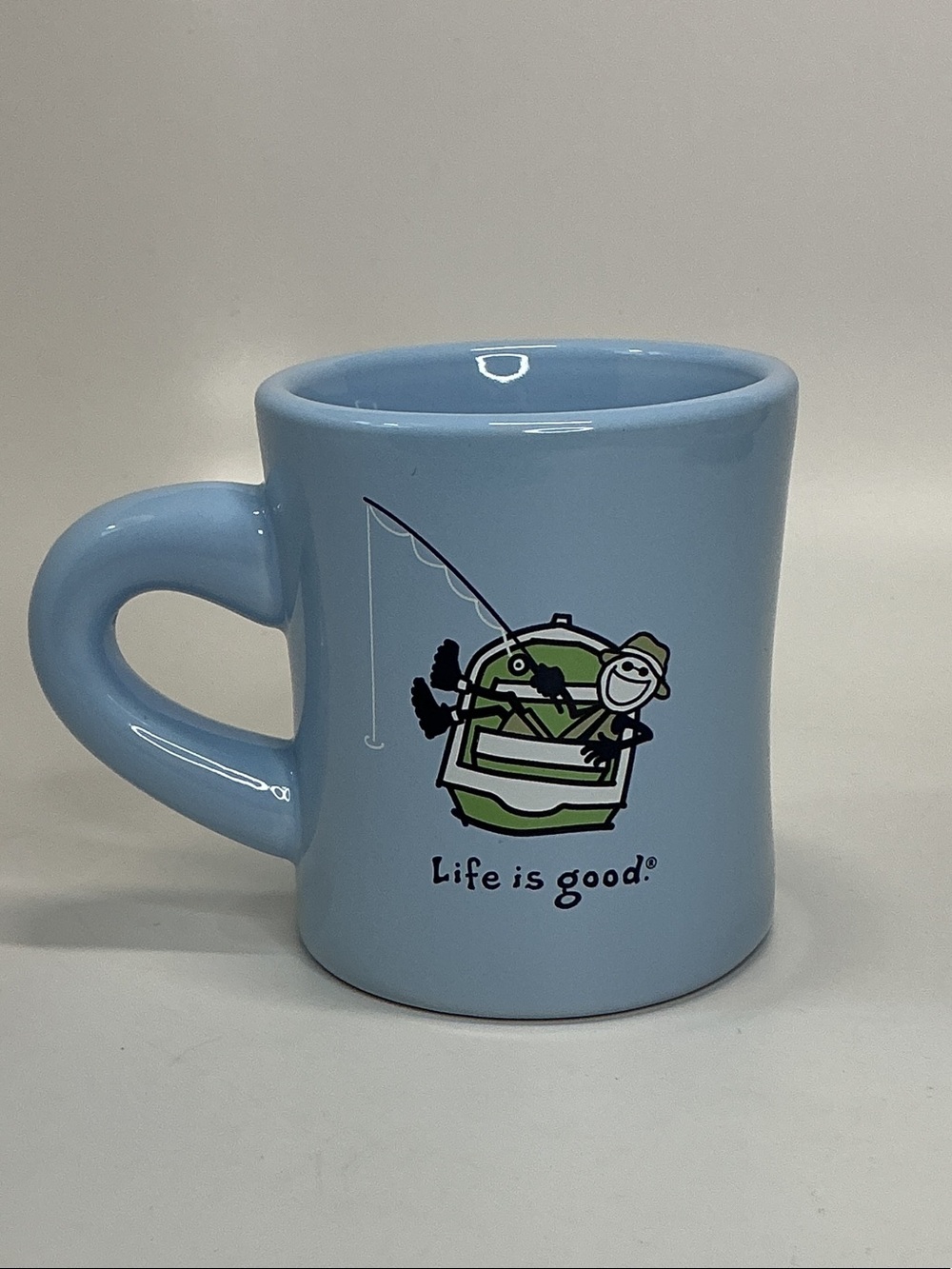 Life is Good Fishing Mug Blue Ceramic Diner Coffee Cup EUC